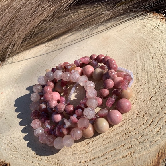 Natural Strawberry Quartz, Pink Rhodonite & Raw Tourmaline Gemstone Bracelets - Picture 9 of 15